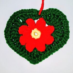 Handcrafted Green Heart Ornament with Red Flower